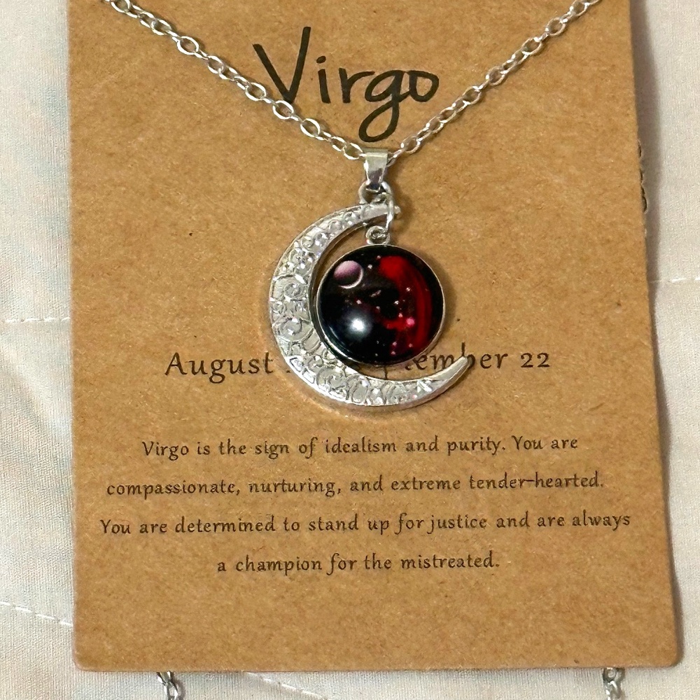 Silver Tone Virgo Pendant Red Stone w/Constellation Stars & Moon Inside NWOT